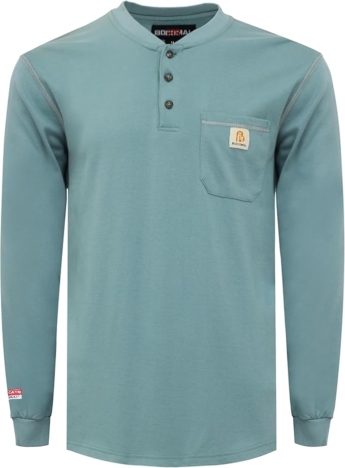 BOCOMAL FR Shirts for Men 5.5oz Lightweight Long Sleeve Work Henley Fire Resistant Shirt CAT2