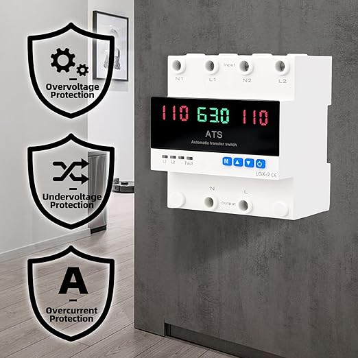 63A 2P Dual Power Automatic Transfer Switch 110V Adjustable Emergency Generator Transfer Switch with LED Display 50HZ/60HZ ATS for Generator and Backup Power