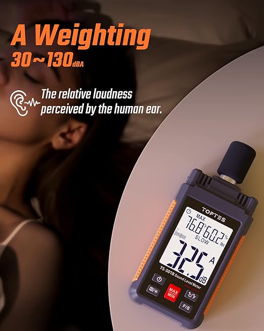 Decibel Meter, TopTes TS-501B Sound Level Meter with 2.25” Backlit LCD Screen, Portable SPL Tester with A/C Weighted, Range 30-130dB, MAX/MIN, Data Hold, Use for Home, Noisy Neighbor, Factory - Orange