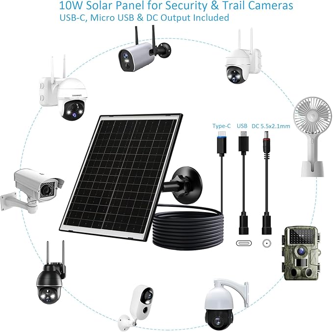 10W Solar Panel for Security & Trail Cameras, 5V Outdoor Camera Charger with USB-C Cable, DC 5.5x2.1mm & Micro USB Port, IP66 Waterproof with Adjustable Mount & 7.2FT Cable