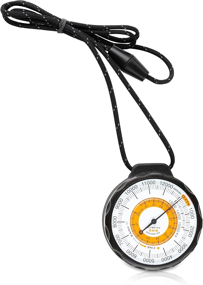 Sun Company Ascent Altimeter - Battery-Free Altimeter and Barometer | Weather-Trend Indicator with Rugged Aluminum Case and Reflective Lanyard | Reads Altitude from 0 to 15,000 Feet