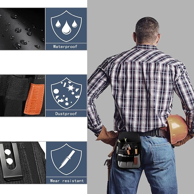 Small Tool Pouch with Belt Clip,Tool Belt Pouches,Electrician Tool Pouch.Mini Organizer Pocket Attachment for Tool Belt,5 Pockets and Heavy-Duty Metal Belt Clip Attachment.…