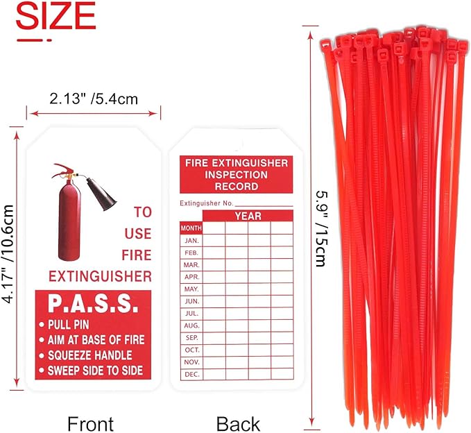 Fire Extinguisher Tags with Adjustable Wire Ties Fire Extinguisher Recharge and Inspection Record for Indoor Outdoor Fire Extinguishers, 4.2 x 2.1 Inch 50sets