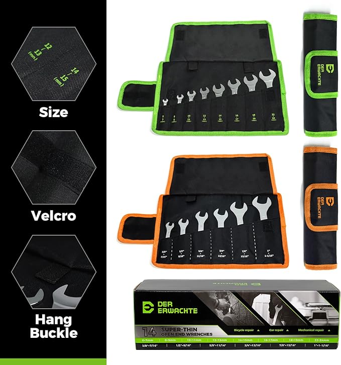 Super-Thin Open End Wrench Set, 14-Piece SAE & Metric Sizes, 6mm to 24mm, 3/8" to 1-1/16", Ultra-Slim Wrench Set with Mechanic Rolling Pouch
