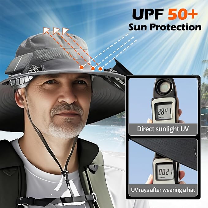 Wide Brim Solar Fan Hat, Outdoor Sun Hat with 2 Solar Power Fan for Men Women UPF 50+ Breathable Bucket Fishing Hat