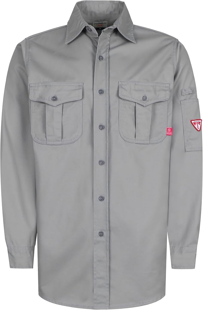 TICOMELA Men’s Mid-Weight FR Welding Shirt, 7.5oz 100% Cotton NFPA 2112 CAT2 – Flame-Resistant Button-Down Work Shirt