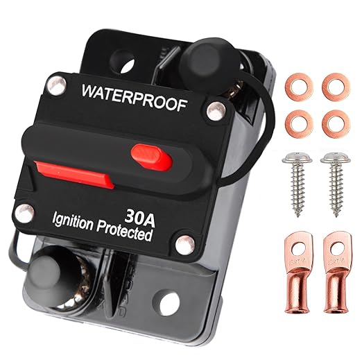 30 Amp Breaker Manual Reset Waterproof Inline Fuse Inverter for Car ATV Marine Trolling Motors Boat Power Protect 12V-48V DC, with Wire Lugs Copper Washer Screw