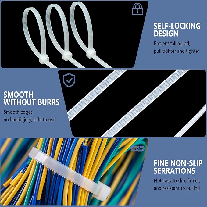 200PCS 14 Inch White Zip Ties Heavy Duty - Industrial 50 lbs Tensile Strength Clear Cable Ties, UV & Weather Resistant tie wraps, Self-Locking for Cable Management, Outdoor Use, and Home Organization