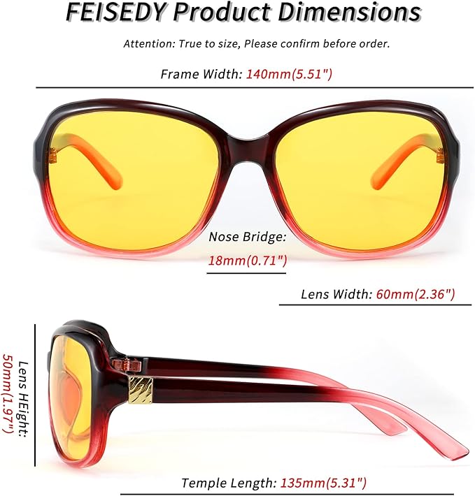 FEISEDY Classic Womens Night Glasses Driving Anti Glare Wrap Around Yellow Sunglasses B2548