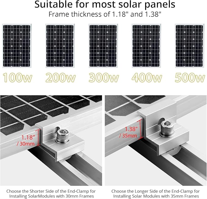Anbte Solar Panel Bracket Kit, 6 Pcs 7.87 in Aluminium Solar Panel Mounting Rail 30mm/35mm Solar Panel End Clamps, Solar Panel Brackets for Metal Roof, Tin Roof, Flat Roof, Sheet Roof, RV, Silver