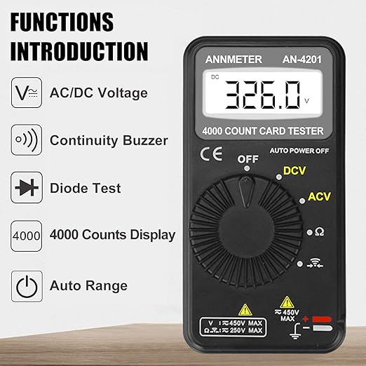 AIOMEST Digital Multimeter,Pocket Voltmeter Ohmmeter Measuring AC&DC Voltage Resistance Continuity Buzzer Diode Test, Auto Ranging Card Volt Ohm Tester DMM AI-4201