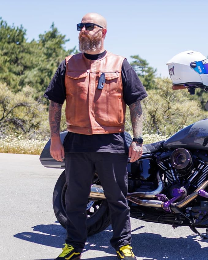 First Mfg Co - Lowside - Mens Motorcycle Biker Riding Canvas, Leather, Twill, Perforated Leather Vest