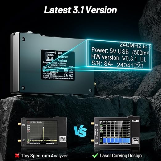 Portable TinySA Spectrum Analyzer, SEESII Upgraded V0.3.1 Tiny Frequency Analyzer with Antenna SMA Male to UHF Female Cables, 100kHz to 960MHz MF/HF/VHF UHF Input, 2.8'' Touchscreen Signal Generator