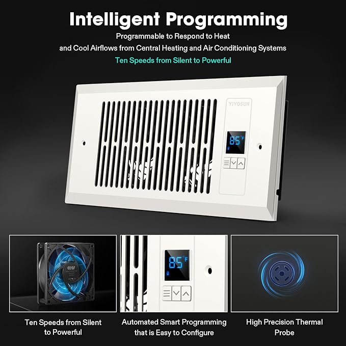 VIVOSUN Quiet Register Booster Fan for 𝟒" 𝐱𝟏𝟎" Holes, Cooling Heating Vent with Intelligent Thermostat Control, 10-Speeds Increase Airflow Booster Fan for Bedroom & Attic, Matte White