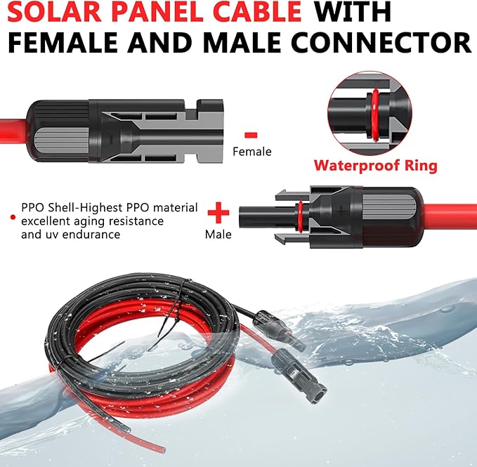 2x50 Feet Solar Panel Extension Cable, 12AWG Solar Cable, Solar Panel Cable with Female and Male Waterproof Connectors for RV, Photovoltaic Systems (50FT Red + 50FT Black)
