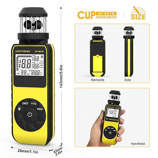 Anemometer Handheld, Wind Cup Meter with 360° Wind Direction, Wind Meter with Temp(℃/℉) Backlit for HVAC Vents, Boat Sailing, Shooting