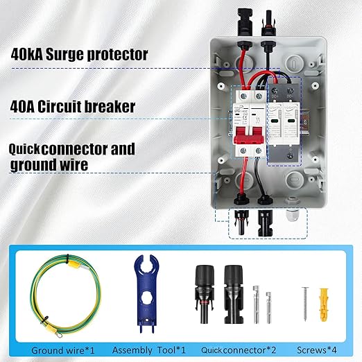 1 String 1000V PV Combiner Box 1 in 1 Out, Single String 40A DC Circuit Breaker with Solar Disconnect Function, Surge Protection, IP65 Weather-Resistant Enclosure