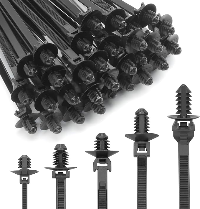 XINGO 150 PCS Push Mount Zip Ties-5 Types, Nylon Car Mount Wire Tie Snap in Cable Zip Ties, Black Push Mount Cable Ties Automotive Zips Tie Fastener Wire Harness Clips for Wire Tying