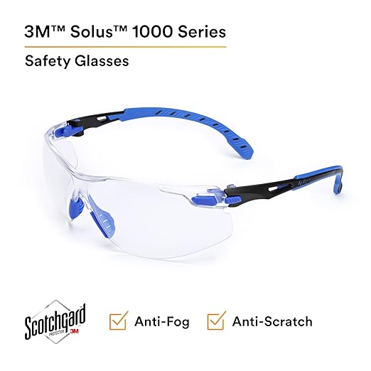 3M Safety Glasses, Solus 1000 Series, ANSI Z87, Scotchgard Anti-Fog, Clear Lens, Low Profile, Blue/Black Frame