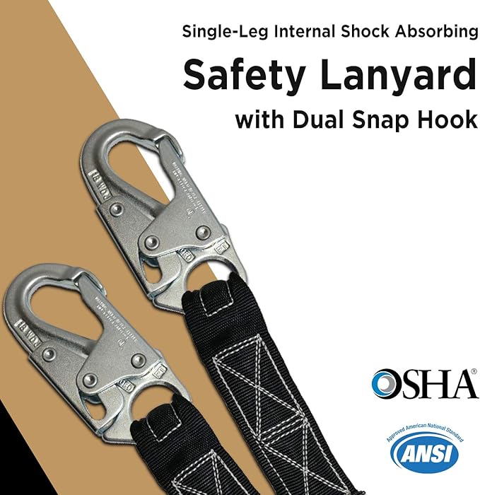 AFP 6 FT Single Leg Internal Shock Absorbing Safety Lanyard with Dual Snap Hooks
