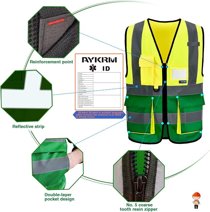 A-SAFETY Reflective Safety Vest, Hi Vis 9 Pockets High Visibility Zipper Front Safety Vest, Yellow&Green Color Mixed, L