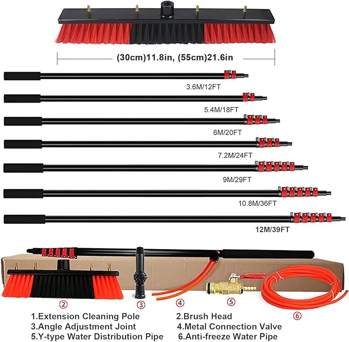 Outdoor Window Cleaning Pole, Water Fed Telescopic Brush Water Fed Pole Kit with Hose Spray, Solar Panel Cleaning System Outdoor Washing Equipment Tool for Photovoltaic Panel,19FT/6M