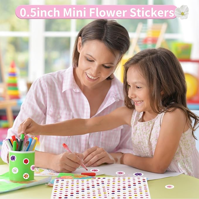 2400 Pcs Small Stickers for Kids,Pink and Purple Mini Flower Stickers,10 Cute Designs Adhesive Sticker for Party Envelopes Scrapbook Gifts DIY Supplies,0.5in（Flower）