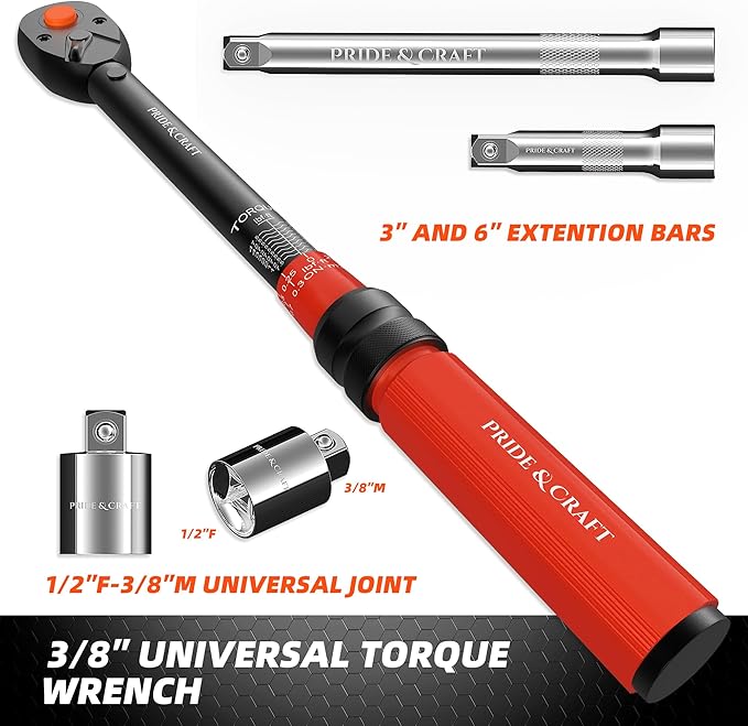 PRIDE&CRAFT 14-Piece Crowfoot Wrench Set, 3/8 Inch Drive Click Torque Wrench with Metric Crowfoot Wrench Heads (10-19mm), 2 Extension Bars, 1/2”F - 3/8”M Universal Joint, One Set for All Purposes
