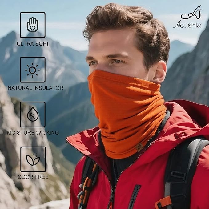 ACUSHLA 100% Merino Wool Neck Gaiter for Men & Women Ski Face Mask Winter Scarf Neck Warmer All Weather, Midweight Maple Leaf