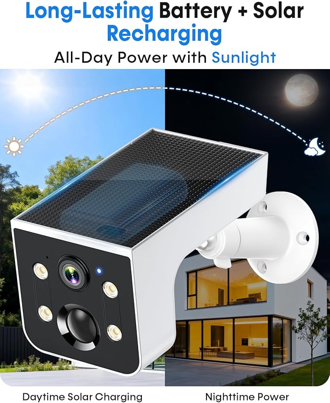 Solar Powered Outdoor Wireless Camera: 2K HD, Motion Detection, Color Night Vision, Waterproof IP67, Easy Setup for Home & Business Monitoring, No Monthly Fees