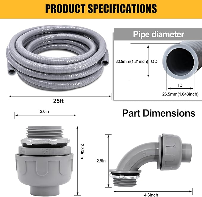 Liquid-Tight Conduit 1inch 25 Foot, Flexible Non Metallic Liquid Tight Electrical Conduit and Connector Kit, with 5 Straight and 3 90-Degree Connector Fittings, 1" Dia