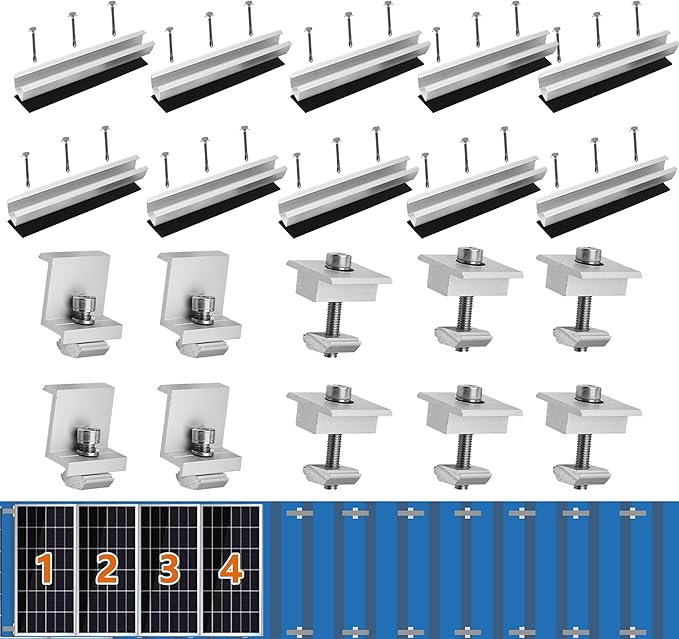Solar Panel Bracket Kit - 10 Pcs Aluminium Mounting Rail 200mm, Z-Bracket Set, Center Clamps, Solar Mounting Rail Connector for Metal, Tin, Flat, Sheet Roof
