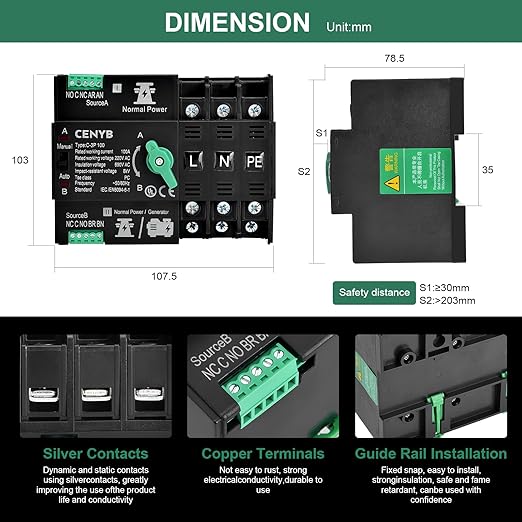 PV - Dedicated Automatic/Manual Transfer Switch Mini ATS Solar Auto Dual Power Switch 3P 63A AC110V Uninterrupted Power Supply DIN Rail Mount Toggle Changeover Module