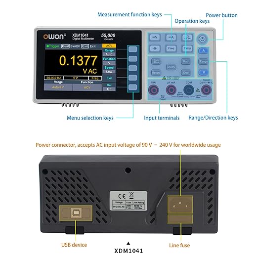 OWON Desktop Digital Multimeter with 3.5-inch LCD Display, Measures AC/DC Current, Voltage, and Temperature with True RMS Capability,Designed for Laboratories, Instruments, and Factories XDM1041