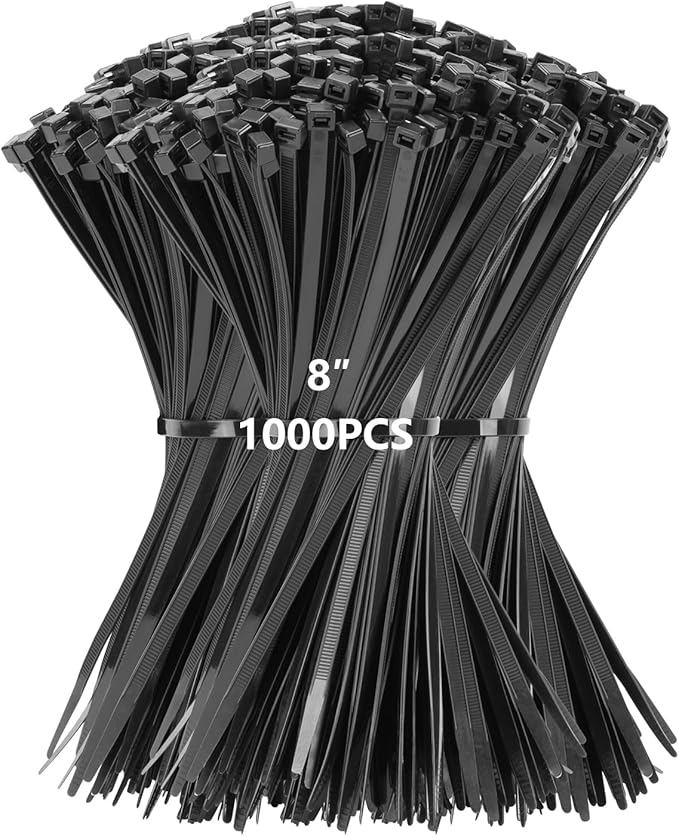 1000PCS 8 inch Black Zip Ties 75LBS Tensile Strength Self-Locking heavy duty UV Resistant Cable Tie Wraps for indoor and outdoor use(Black)