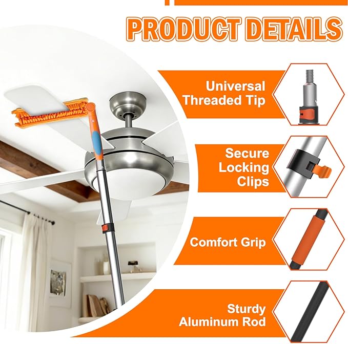 36FT Reach Ceiling Fan Cleaner Duster, Fan Blade Cleaner Kit with 7-30FT Extension Pole, Microfiber Duster & Replaceable Cleaning Cloth for Blades, Ceiling, Furniture