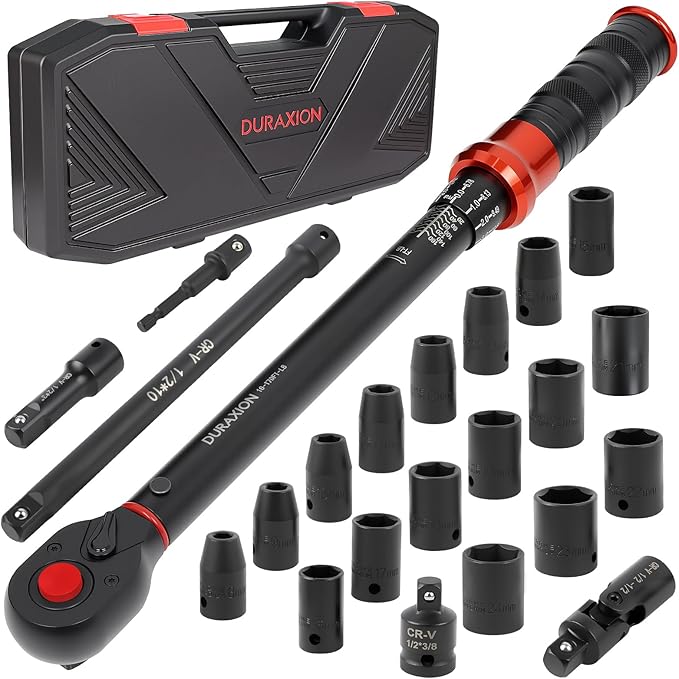 23PCS 1/2-Inch Drive Torque Wrench Set, 10-170FT.LB/13.6-230.5Nm, 1/2 Drive Click Torque Wrench Set, 72-Tooth Dual-Range, ±3% Precision Adjustable Torque Wrenches for Cart, Motorcycle, Lug Nut
