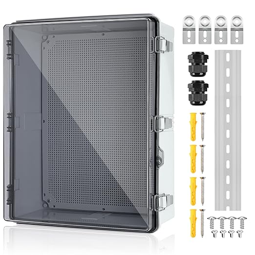Waterproof Electrical Junction Box Outdoor, IP67 ABS Plastic Weatherproof Electrical Enclosure with Aluminum DIN Rail, Mounting Platem for WiFi Project, Clear (20.1''×16.1''×7.9'')