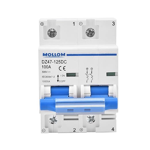 Mollom DC 2 Pole Miniature Circuit Breaker, 500V 100Amps, Scene Visualization Custom MCB Thermal Magnetic Trip, 6KA Breaking Capacity DC Disconnect Switch for Solar PV System