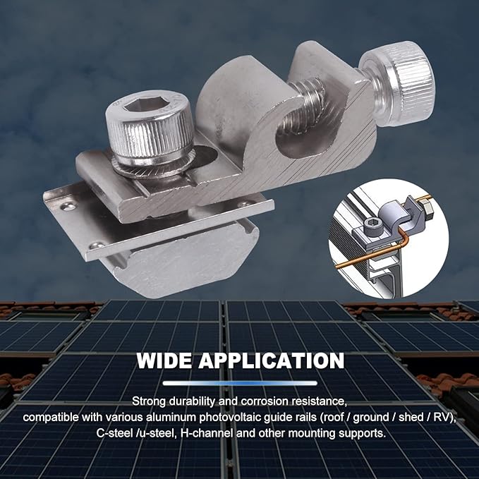 5Sets Solar Panel Grounding Lugs Solar Mounting System Metal Grounding Clips PV Grounding Clip Cable Solar Panel Clamps for Bare Wire and Pipe