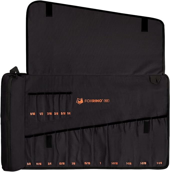 Wrench Roll, Wrench Roll Up Pouch, 17-Pocket Heavy Duty Canvas Wrench Organizer Bag for SAE Combination Wrenches, Portable Tool Roll Bag, Gifts for Men for Christmas (Black, 17+1 SAE)