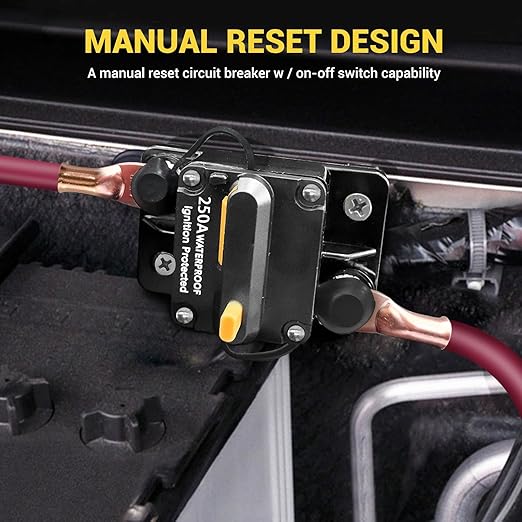 Waterproof 250A Circuit Breaker Fuse Holder 12V- 48V DC Manual Reset Switch for Boat Trolling Motor Marine ATV Trailer Vehicles Stereo Audio Electronic Battery Solar System w/2 Screws