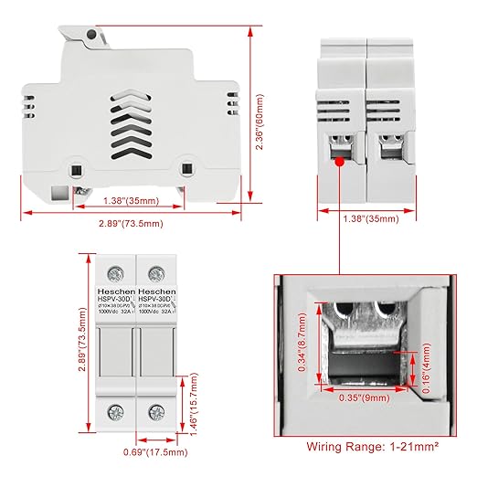 Heschen Solar/Photovoltaic Fuse Holder, PV Fuse Holder, HSPV-30D, DC1000V 32A, 2 Pole, 35mm DIN Rail Mounting, for HSPV-30 ST-10PV 10 * 38mm Fuse, CE Listed (5)