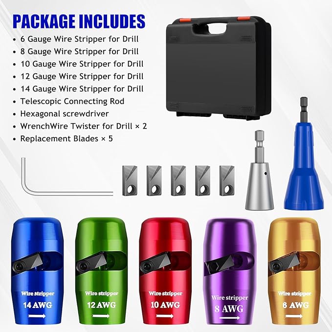 Wire Stripper Twister Tool for Drill, 2026 Upgraded Wire Stripping Tool & Wire Twisting Connector for Cutters 6-14 AWG, 8 In 1 Professional Electrician Twister Stripping with 5 PCS Blade