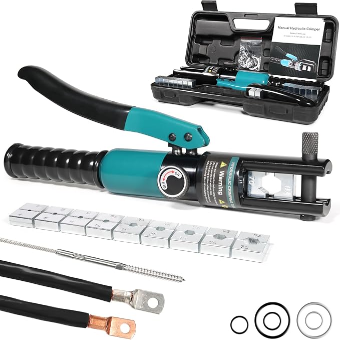 10-Ton Hydraulic Crimping Tool with 9 Dies - Battery Cable Crimper Tool & Wire Rope Crimping Tool for 12 AWG to 2/0 AWG, 1/16" 1/8" 3/16" Stainless Steel Cable Railing Tool, Hydraulic Crimper
