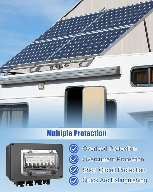 Solar Panel Disconnect Switch 4 String 32 Amp DC Circuit Breaker Box, Waterproof IP67 Solar Combiner Box with MC4 Connectors for Grid-Connected and Off-Grid Systems, 4 in 4 Out