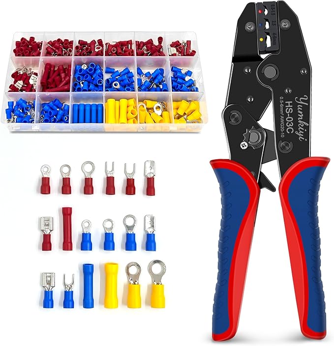 Crimping Tool Set，400pcs Insulated Wire Crimp, U-Type, Fork, Spade,Butt Ring Connector Assortment Kit and Ratchet Crimper Tool for Automotive Wiring (YmHS03C-400pcs)