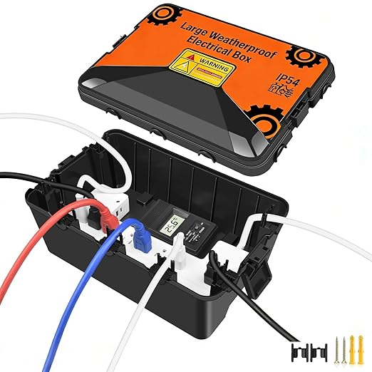 NineLeaf Large Outdoor Electrical Box (12.5 x 8.5 x 5 inch), IP54 Waterproof Extension Cord Cover,Weatherproof Connection Box for Power Strip, Plug, Socket, Timer, Holiday Light Decoration, Black
