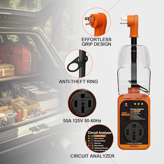 Marsflex Rv Surge Protector, 15 Amp to 50 Amp Rv Circuit Analyzer,8000 Joules Surge Protection with Waterproof Cover, 5-15P Male to TT-50R Female Plug, for rvs Camper, Travel Trailers, Orange