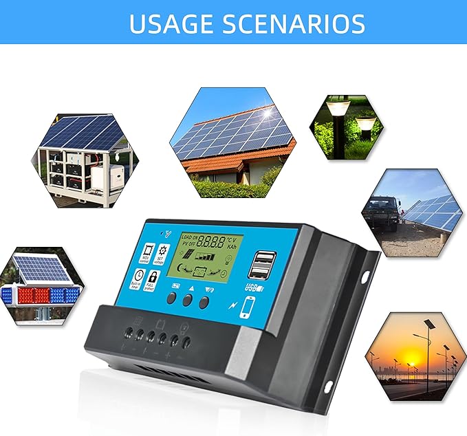 Anern 60A PWM Solar Charge Controller 12V/24V with LCD Display, Dual USB Solar Panel Battery Intelligent Regulator, Auto Parameter Adjustable, Timer Setting, Multiple Load Control Modes